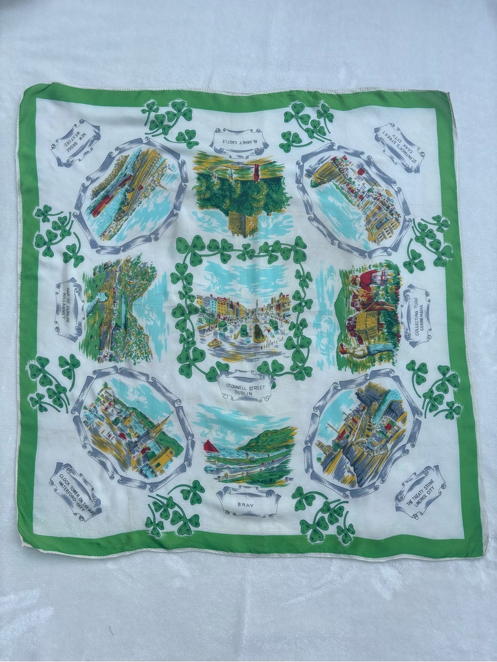 Vintage Irish Silk Souvenir Handkerchief Shamrock Print Dublin Bray Ireland